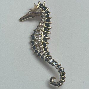 Vintage Gold Tone & Black Enamel Seahorse Brooch with Rhinestones